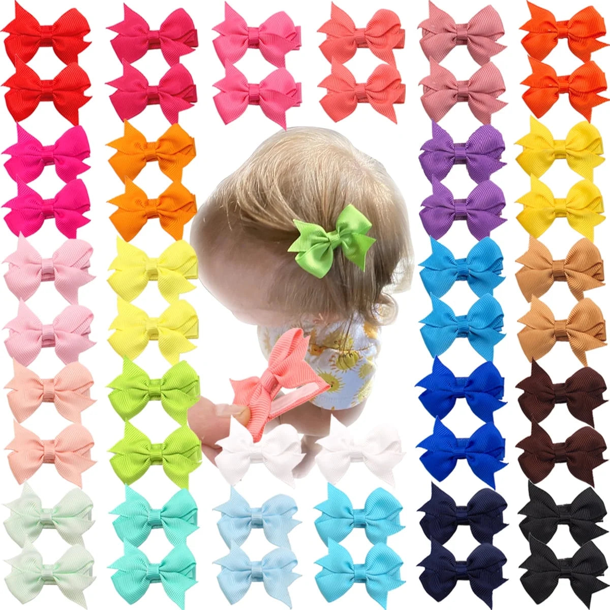 50Pcs 25 Colors in Pairs Tiny 2" Baby Hair Bows Fully Covered Barrettes Clips for Little Girls Infants Toddlers