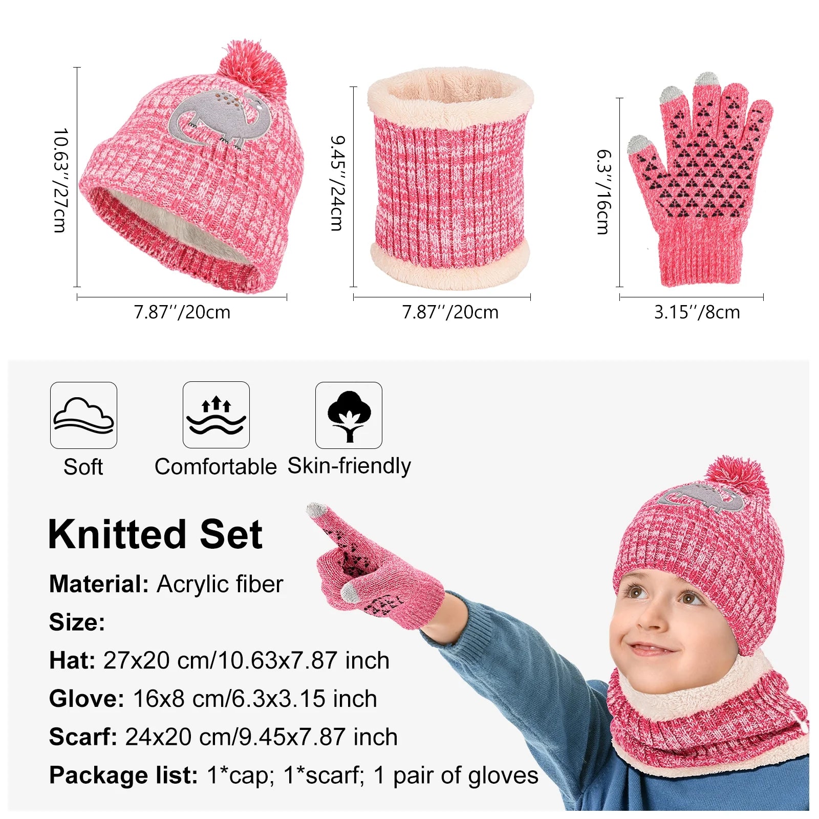 Kids Winter Hat Gloves Scarf Set, Girls Toddler Children Beanie with Pom Knit Neck Warmer Gaiter Mittens Fleece Lined Set for 3-12 Years Old