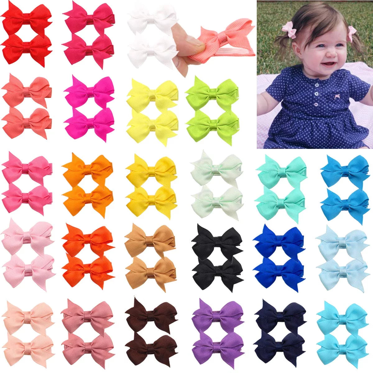 50Pcs 25 Colors in Pairs Tiny 2" Baby Hair Bows Fully Covered Barrettes Clips for Little Girls Infants Toddlers