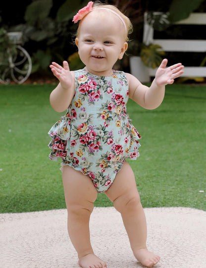 Baby Girl'S Floral Print Ruffles Romper Summer Clothes with Headband