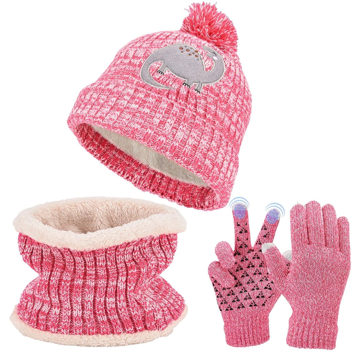 Kids Winter Hat Gloves Scarf Set, Girls Toddler Children Beanie with Pom Knit Neck Warmer Gaiter Mittens Fleece Lined Set for 3-12 Years Old